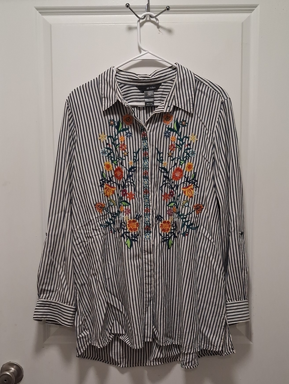 Striped Button-Up Tunic with Colorful Floral Embroidery